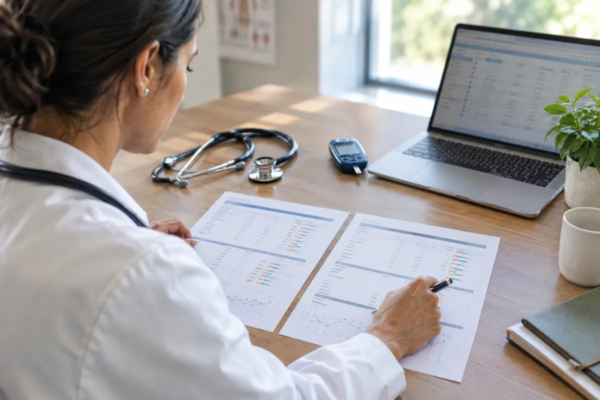 A physician comparing two lab reports side by side, distinguishing insulin resistance from metabolic syndrome